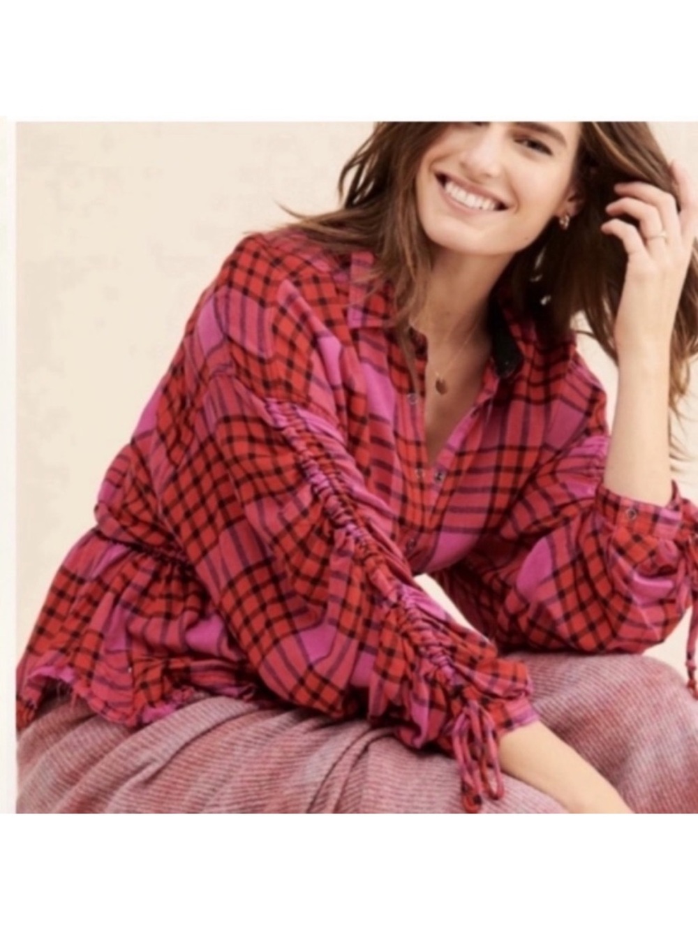 Free People Pacific Dawn Plaid Button Down Blouse Fuchsia Dolman Sleeve Small